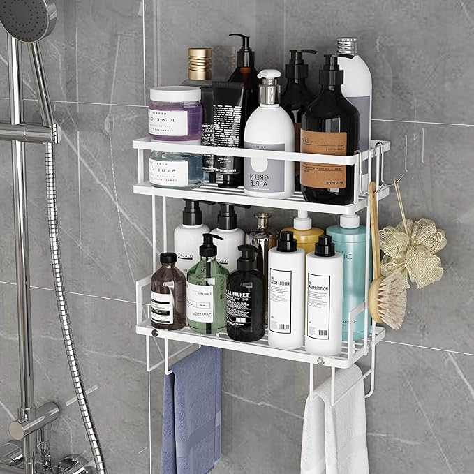 Godboat Bathroom Organizer - Over The Toilet Storage Cabinet, 2-Tier Floating Shelves, Wall Shelf with 2 Hooks & Paper Rack, Cool Accessories & Decor, Gifts for Women, Mothers Day (White)-NeatNest