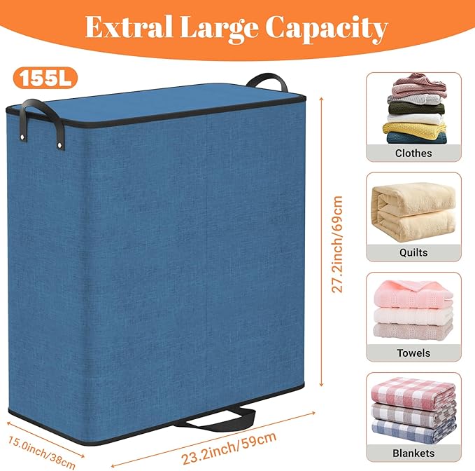 Large Double Laundry Hamper with Lid, Removable Bags & Reinforced Handles, 2 Section Tall Laundry Basket, Dirty Clothes Hampers for Laundry Room, Bedroom, Bathroom, Dorm, 155L, Blue-NeatNest