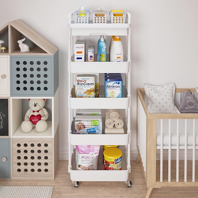 Calmootey 5-Tier Rolling Utility Cart with Drawer,Multifunctional Storage Organizer with Plastic Shelf & Metal Wheels,Storage Cart for Kitchen,Bathroom,Living Room,Office,White-NeatNest