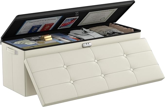 DocSafe Storage Ottoman Bench,Fireproof＆Waterproof Folding Bench with Lock(15”x 43”x15”),Leather Storage Chest with Handles＆2 Extra Boxes,Ottoman Safe for Bedroom,Living Room,Home Office,Beige-NeatNest