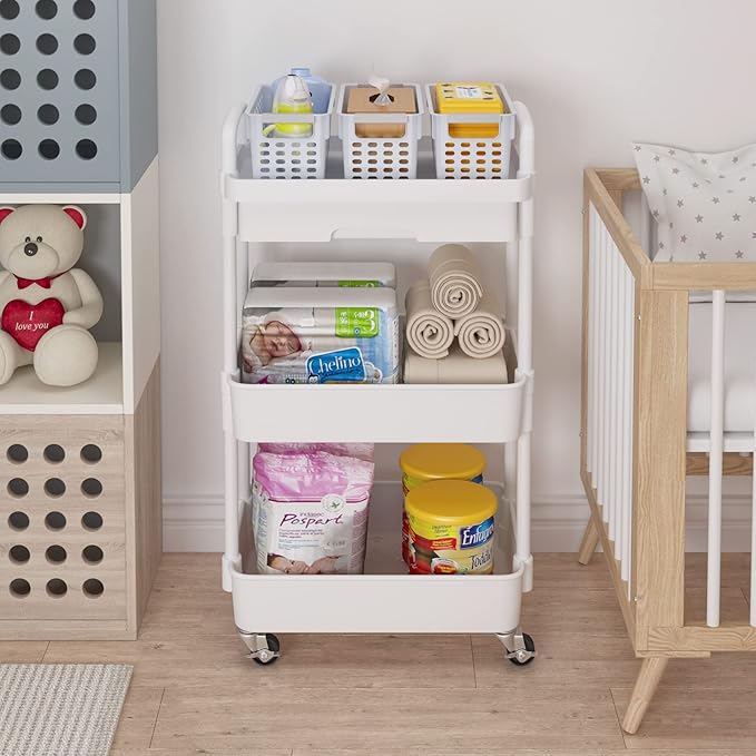 Calmootey 3-Tier Rolling Utility Cart with Drawer,Multifunctional Storage Organizer with Plastic Shelf & Metal Wheels,Storage Cart for Kitchen,Bathroom,Living Room,Office,White-NeatNest