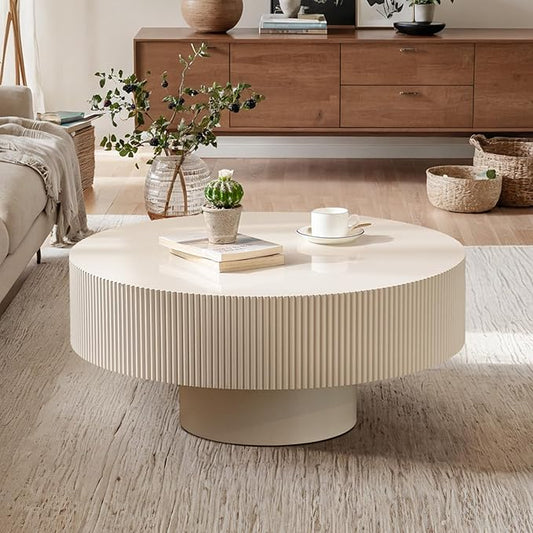 Fluted Coffee Tables 30.91" Round Wood Coffee Table Modern Handcraft Drum Coffee Table with Sturdy Pedestal Circle Luxury Center Tables for Living Room Home Office,White Thickened