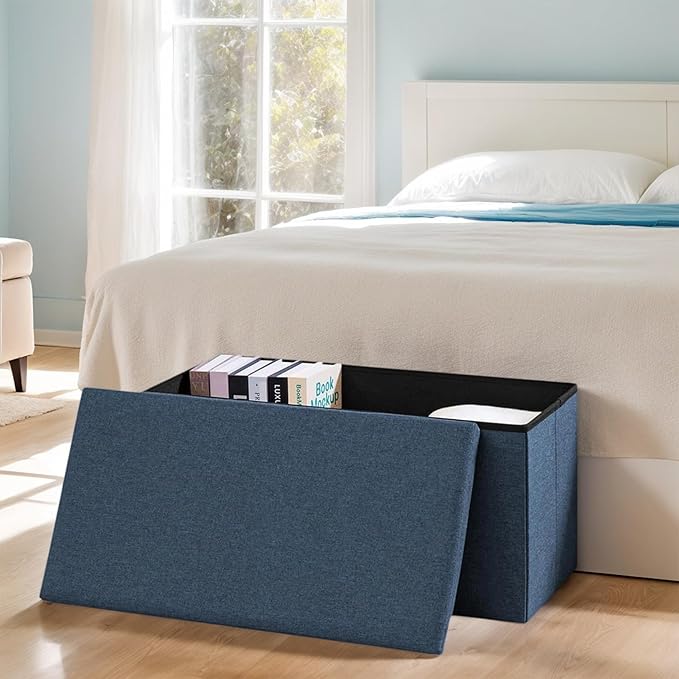 30 Inch Folding Storage Ottoman with Reversible Lid Coffee Table, Linen Fabric Multi-Functional Foot Rest & Seat for Living Room, Bedroom Dark Blue