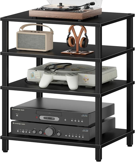 4-Tier AV Media Player Stand, Black Stereo Cabinet, Modern Stereo Cabinet, Wooden TV Stand,Game Console Shelf, Multifunctional Entertainment Center, Suitable for Home, Conference Room, Game Studio-NeatNest
