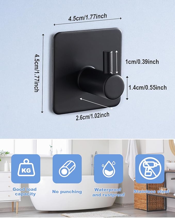 6 Packs Adhesive Hooks, Black Towel Hooks for Bathrooms, Heavy Duty Stainless Steel Wall Hooks, Waterproof Shower Hooks for Inside Shower, Hooks for Hanging Robe, Coat, Hat, Key, Clothes