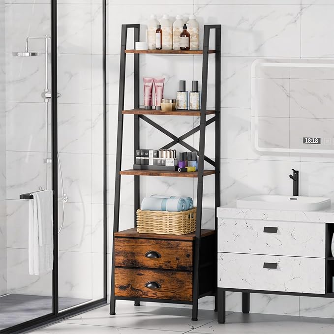 Furologee 4-Tier Ladder Shelf,Small Bookshelf with 2 Drawers,Vertical Bookcase Storage Rack Organizer,Rustic Bookshelves for Living Room,Bedroom,Bathroom,Home Office,Kitchen,Rustic Brown