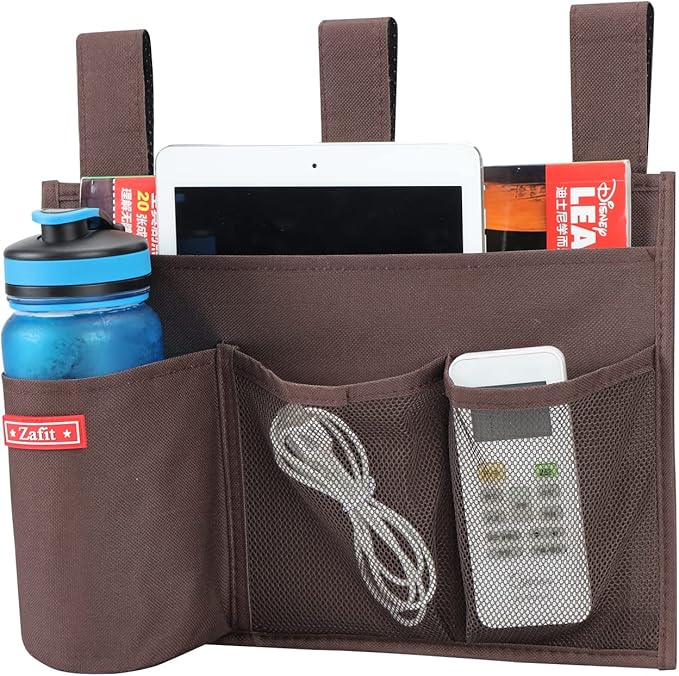 Hanging Bedside Caddy, Bedside Storage Organizer for Magazine, Phone, Remote control (4 Pockets-Coffee)-NeatNest
