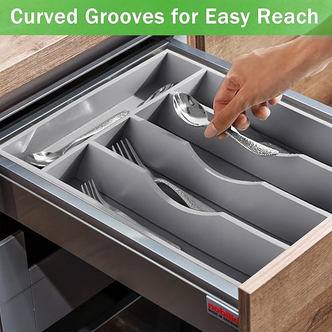 Greenual Gray Silverware Organizer 10 In Utensil Organizer Silverware Tray for Drawer Cutlery Flatware Organizer for Kitchen Bamboo Wood-NeatNest