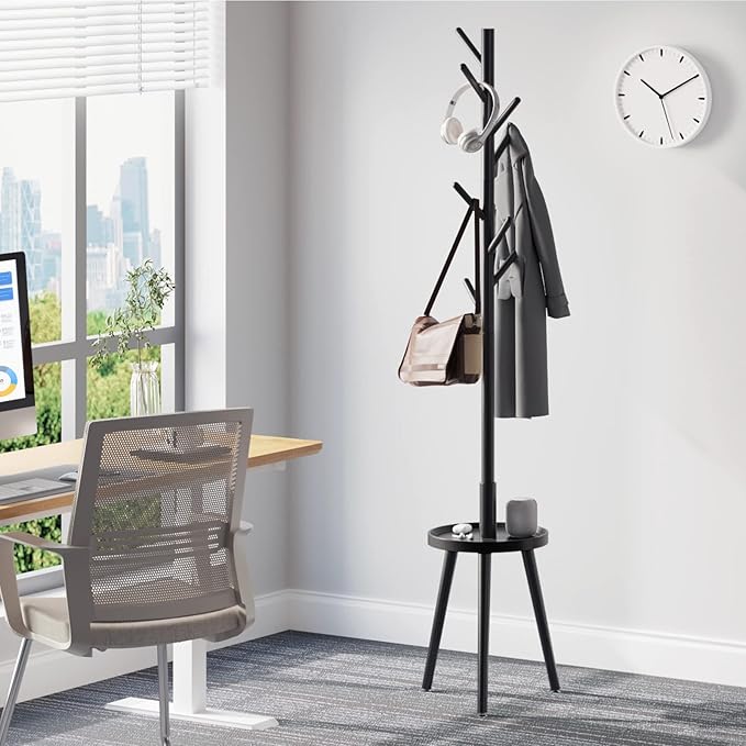 GREENSTELL Coat Rack with 8 Hooks, Wooden Coat Rack Freestanding with Shelf, Coat Tree with 4 Height Options 50.5"-72.6", Coat Hanger Stand for Bags, Clothes, Umbrellas, Hats, in Home, Black-NeatNest
