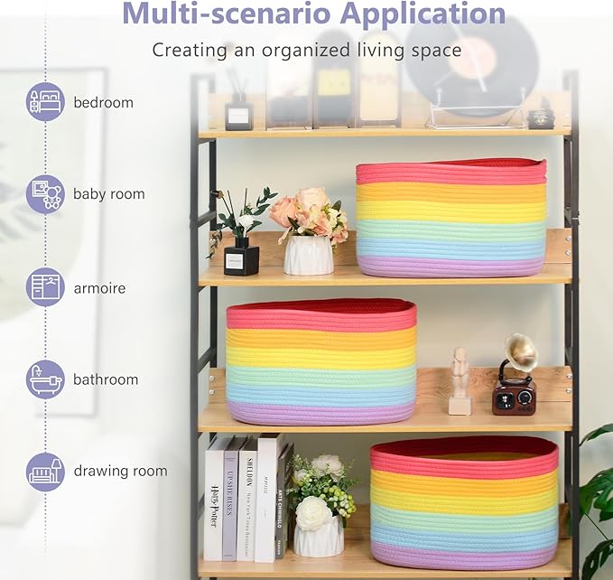 Cotton Rope Storage Basket, 15x10x9 Inches, Woven Basket for Shelves, Clothes, Toys, Towels, Books, and Laundry, Durable and Stylish, Rainbow (3 Pack)-NeatNest