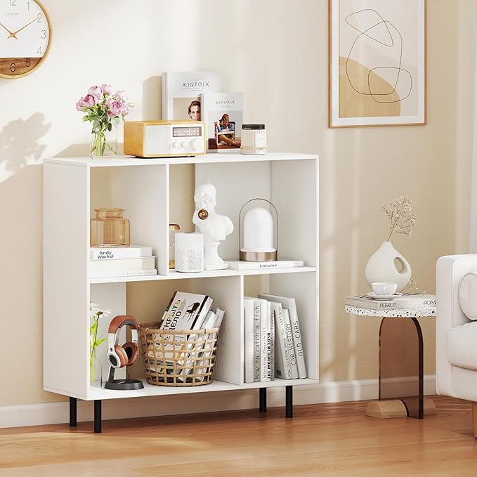 4 Cube Bookcase, Wood Storage Organizer with 4 Metal Legs, Bookshelf with Storage, Cubical Storage Shelf, Wooden Book Shelf, Display Shelves for Bedroom, Living Room, Entryway