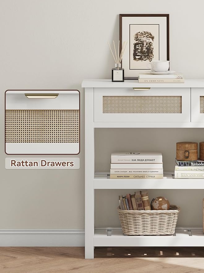 Console Table with 2 Rattan Drawers, Wooden Entryway Table with 3-Tier Storage Shelves, Display Shelf for Entryway, Hallway, Foyer and Living Room, White-NeatNest