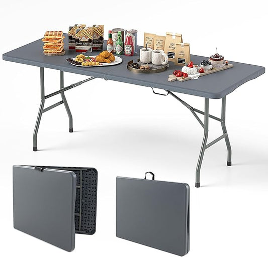 Goplus 6ft Plastic Folding Table, 350 LBS Outdoor Heavy Duty Folding Tables with HDPE Tabletop, Handle, Lock, Foldable Rectangle Portable Utility Card Table for Picnic, Party, Camping, Dining-NeatNest
