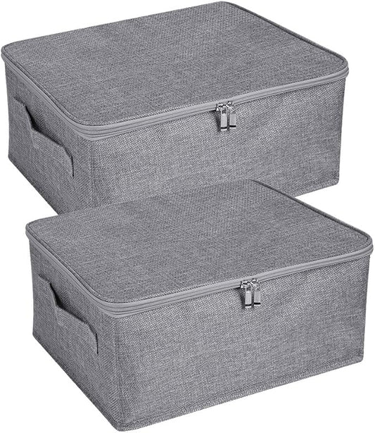 ANMINY 2PCS Storage Bins with Zipper Lids 13 Qt Lidded Fabric Storage Boxes Baskets Cubes with Handles Collapsible Washable Cotton Linen Closet Shelf Clothes Organizer Containers - Gray, Small-NeatNest
