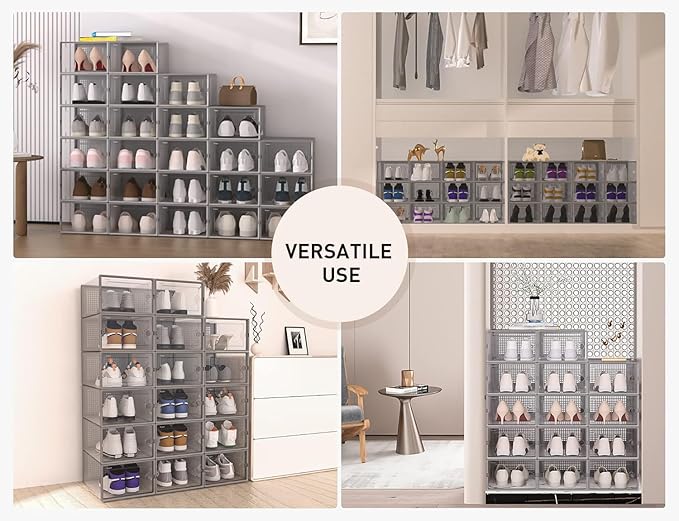 Kuject XX-Large Shoe Storage Boxes Organizers Clear Plastic Stackable 12 Pack, Shoe Rack & Holder Substitute, Sneaker Containers, Toy Storage Organizer Bins for Entryway, Closet, Under Bed, Grey-NeatNest
