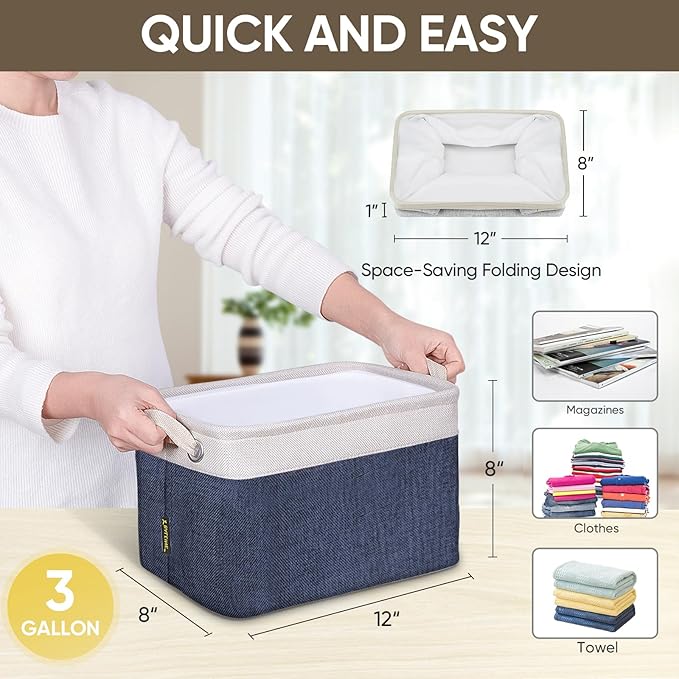 BALEINE 2 Pack Fabric Storage Bins for Shelves, Linen Storage Baskets for Organizing, Decorative Closet Bins for Clothes, Home (Navy Blue, 12"x8"x8")-NeatNest
