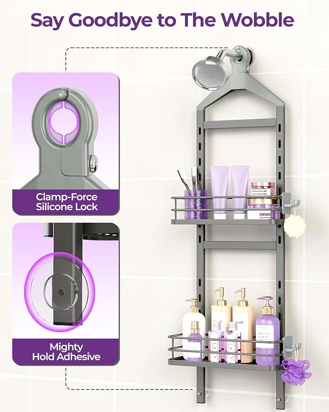 ODesign 2 Tier Height-Adjustable Shower Caddy Hanging Anti-Swing-Over The Shower Head Caddy-Showe r Storage Organizer Bathroom Shelves Basket Caddies-Grey