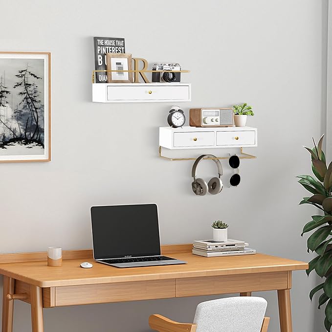Floating Shelves With Drawers Set of 2, Wall Mounted Bathroom Storage, Rustic Wood Shelves for Bedroom, Living Room, Kitchen, Home Decor, Plants, Books (White)-NeatNest