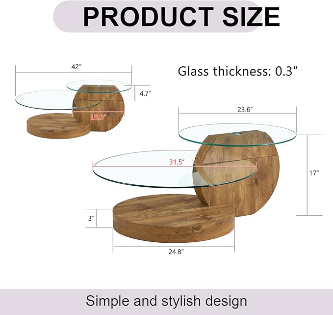 Glass Coffee Tables for Living Room Round Coffee Tables Modern Double Layer Round Table Circle Coffee Table for Small Space Home Office (42 Inch Dark Wood)
