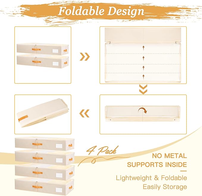 Criusia Under Bed Storage Bins with Clear PVC Lids – 4 Pack Large Underbed Organizers with Heavy-Duty Handles, Reinforced with 800G PP Panels & 80G Non-Woven Fabric – Waterproof & Foldable, Beige-NeatNest