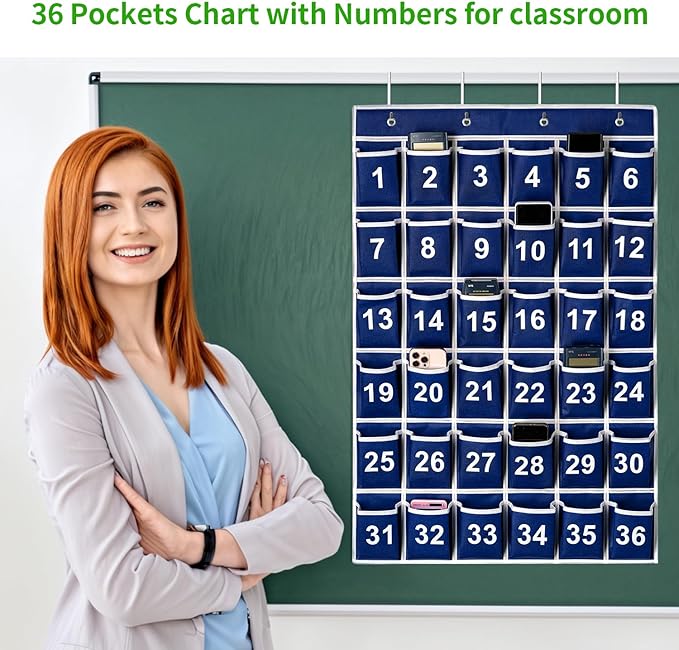 36 Pockets Blue Numbered Classroom Pocket Chart for Cell Phones, Hanging Pocket Chart Storage for Classroom Phone Calculator Holder with 4 Stainless Steel Hooks (Blue-36pockets)-NeatNest