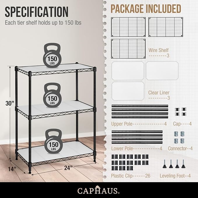 CAPHAUS NSF Black Adjustable Shelves Metal Wire Shelving Unit w/Liners, Kitchen & Garage Storage Organizer, 3-Tier-NeatNest