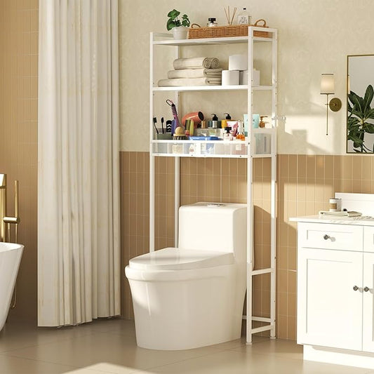 3-Tier Over The Toilet Storage Shelf, Metal Over Toilet Bathroom Organizer with Dividers, Freestanding Bathroom Space Saver Rack with Adjustable Shelf & Feet, White
