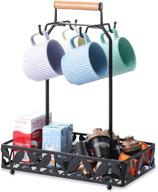 Coffee Mug Holder for Countertop, Mug Tree & Mug Rack with Storage Basket, 2-in-1 Organizer Holds 4 Large Mugs, Kitchen Cup Holder for Coffee Bar Accessories, Pods & Tea Bags, Black Metal with Handle-NeatNest