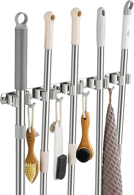 Broom Holder Wall Mount, Stainless Steel Broom Hanger Wall Mount, Heavy Duty Mop and Broom Holder Tool Racks Utility Hooks for Laundry Room Garden Garage, Grey (5 Racks and 4 Hooks)-NeatNest