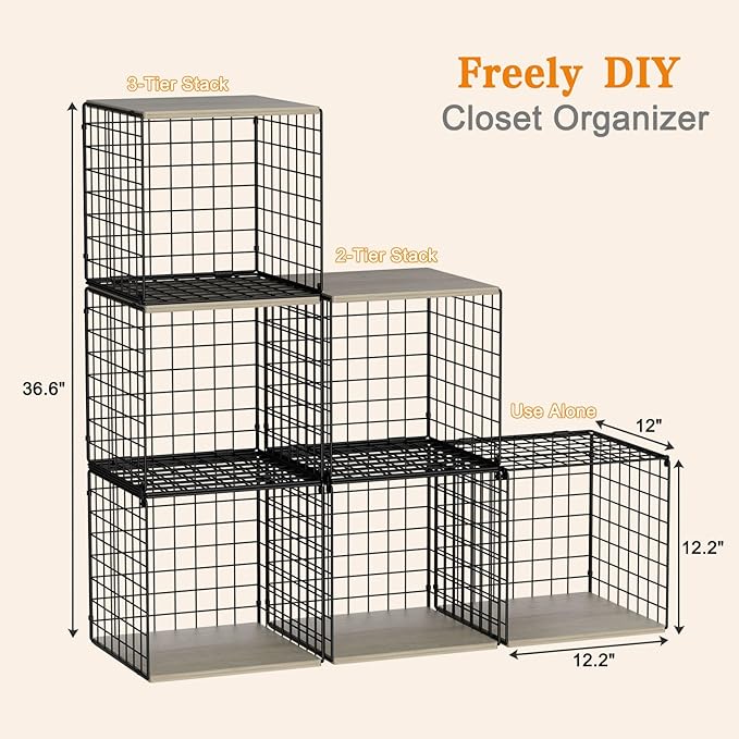 3PCS Stackable Closet Organizers and Storage, Shelves with Wood Top Extra Storage, Clothes Organizer Basket, Bin, or Tube for Wardrobe and Home Organization (Black-Sturdy Metal) Patent Pending-NeatNest