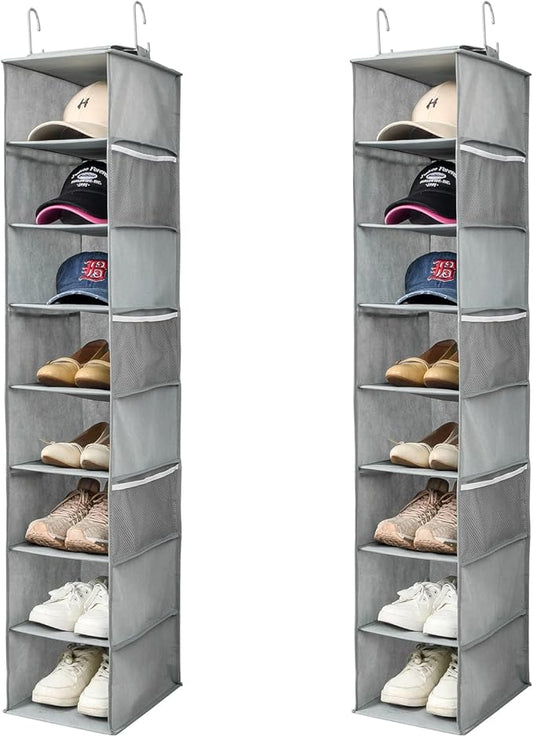 Hanging Shoe Organizer for Closet with Side Mesh Pockets，Hat Racks for Baseball Caps，Shoe and Hat Holder & Storage，8-Shelf，Gray，2 Pack-NeatNest