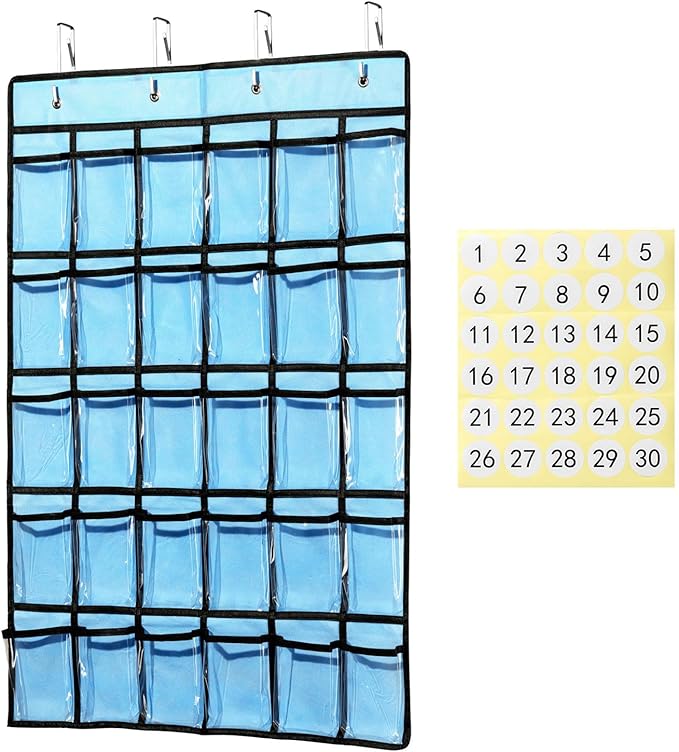 KEEPJOY Classroom Pocket Chart for Cellphone Calculator Holder, 30 Clear Pocket Charts for Classroom 33.5 x 24.5 inch Hanging cell phone Organizer Storage (Blue-30 pockets)-NeatNest