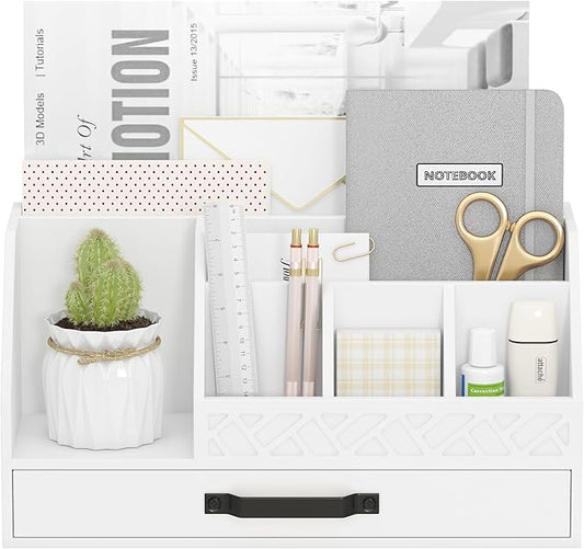Bamboo Desk Organizer with Drawers, Mail Organizer Countertop Wood Desk Drawer Tabletop Storage Organization Pen Holder Letter Sorter Makeup Organizer for School Home Office (White)-NeatNest