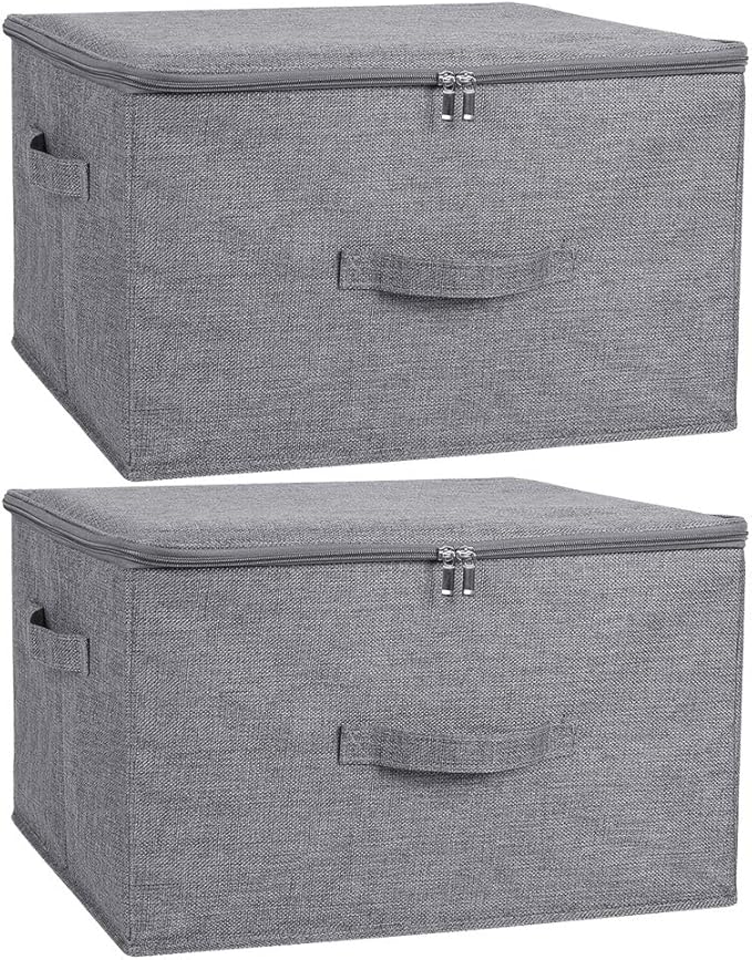 ANMINY 2PCS Storage Bins with Zipper Lids 36 Qt Lidded Fabric Storage Boxes Baskets Cubes with Handles Collapsible Washable Cotton Linen Closet Shelf Clothes Organizer Containers - Gray, Large-NeatNest
