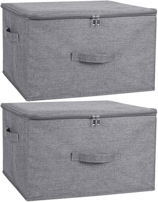 ANMINY 2PCS Storage Bins with Zipper Lids 36 Qt Lidded Fabric Storage Boxes Baskets Cubes with Handles Collapsible Washable Cotton Linen Closet Shelf Clothes Organizer Containers - Gray, Large-NeatNest