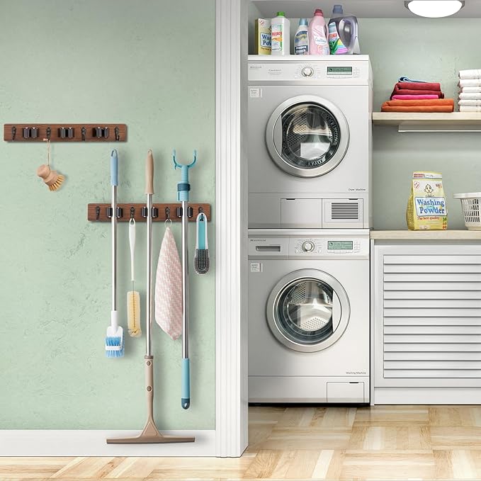2 Pack Mop Broom Holder Wall Mount with 3 Slots & 4 Hooks - Rustic Wood Broom Mop Hanger for Pantry Kitchen Organization - Garden Tool Organizer for Closet Laundry Room-NeatNest