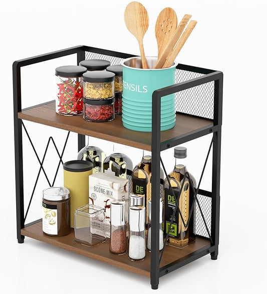 Aduanbang Coffee Bar Accessories Organizer, Seasoning Organizer, 2 Tier Wooden Kitchen Counter Shelf, Coffee Organizer Station for Countertop, Coffee Condiment Rack for Mugs, Cups, Cream, Syrup-NeatNest