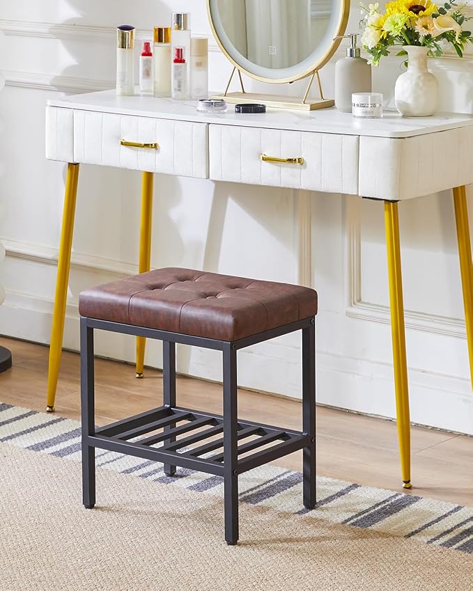 IBUYKE Rectangular Makeup Stool with Adjustable Feet and Storage Space, Footrest Chair, PU Vanity Seat, Multi-Use as Small Side Table or Ottoman, for Bedroom, Dark Brown WBD017Z