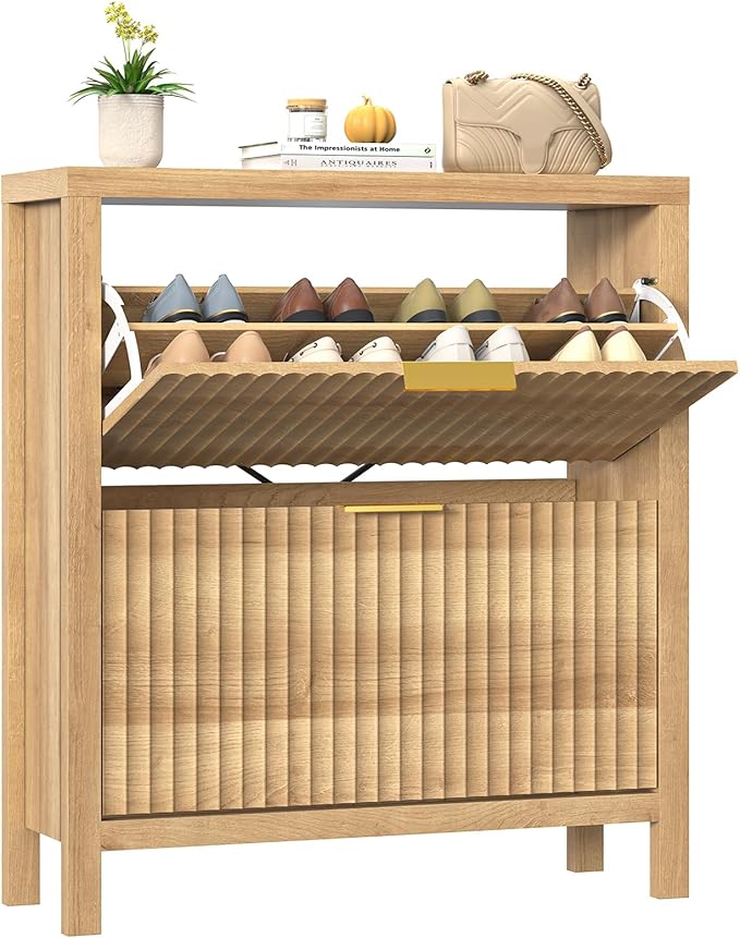 Shoe Cabinet Storage for Entryway, Fluted Shoe Cabinet with 2 Flip Drawers, Hidden Shoe Rack Tall Freestanding Shoe Organizer with Legs for Hallway, Wood-NeatNest