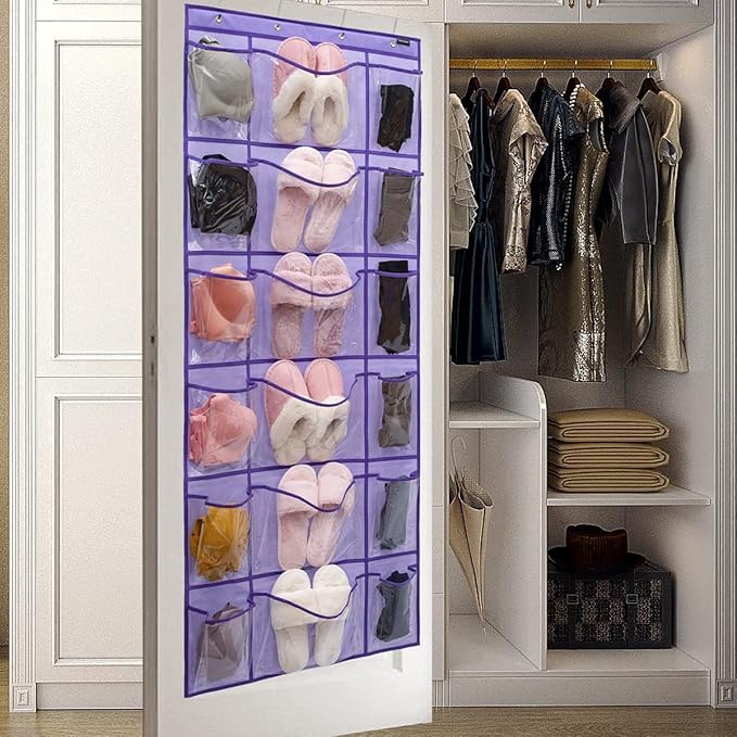 Over The Door Hanging Shoe Rack Organizer 18 Pockets Organizer with 6 Extra Large Clear Pockets for Shoe Holder Storage (18 Pockets-Purple)-NeatNest