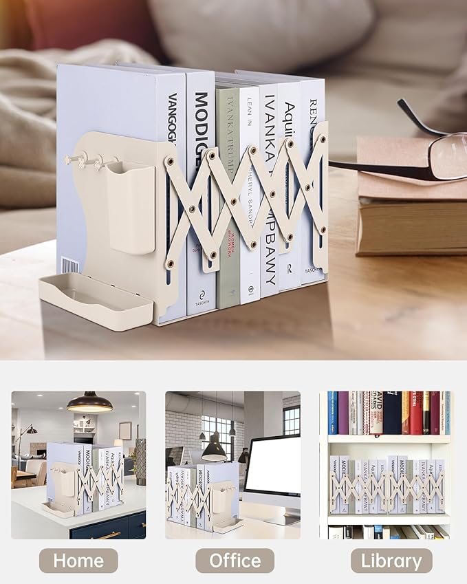 Honagu Adjustable Bookends, Metal Book Ends for Shelves Heavy Book, Desk Magazine File Organizer for Home, Office, Books, Papers with Removable Hook, Pen Holder（Milky White）