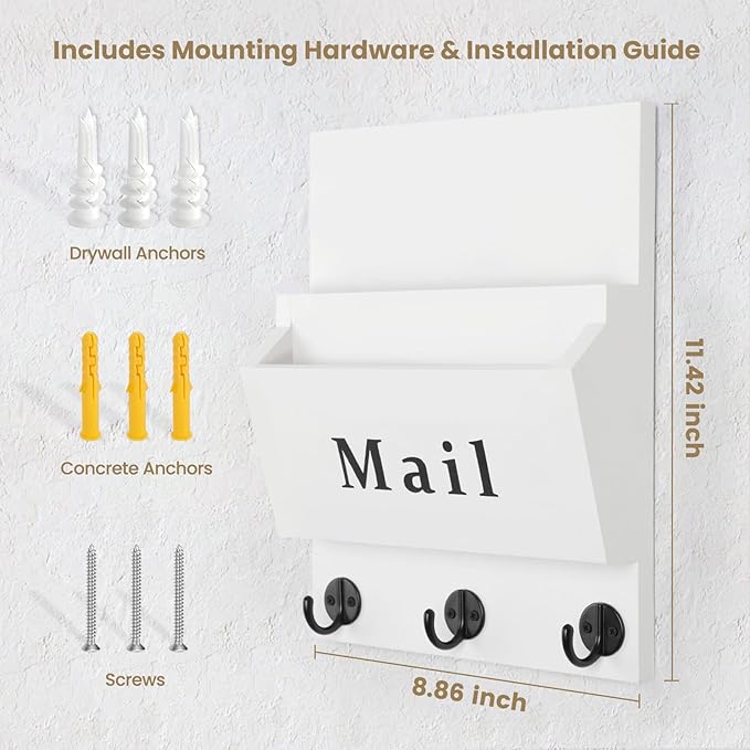 Mail and Key Holder - Decorative 8.86" x 11.42" Wall Key Hanger with 2 Mail Organizer Slots and 3 Hooks - Real Paulownia Wood with Keyhole Brackets, Hardware and Instructions (White)