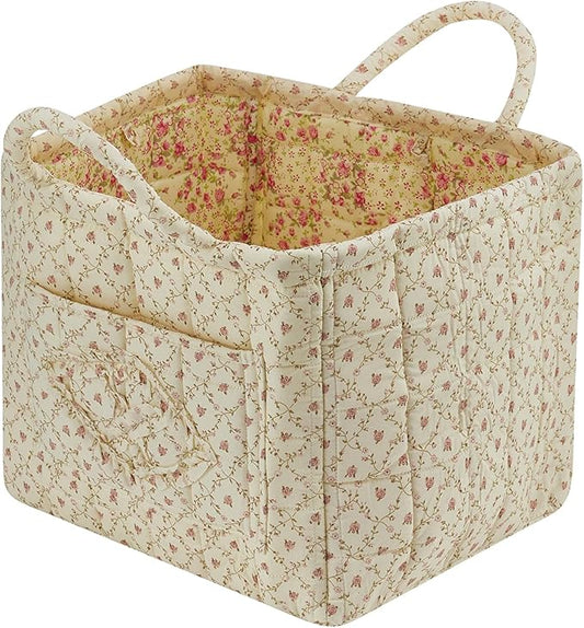 Boho Fabric Storage Basket Quilted Floral Print Baskets Organizer Bin with Handles for Home, Picnic, Shopping (Yellow, L)-NeatNest