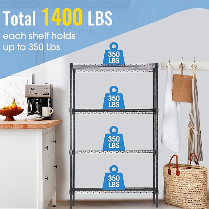 4-Tier Adjustable Shelf Shelving Unit Shelves Shelf Heavy Duty Storage Steel Organizer Wire Rack (1400 lbs Loading Capacity) with Wheels Multi-Function Easy Assembly,Black