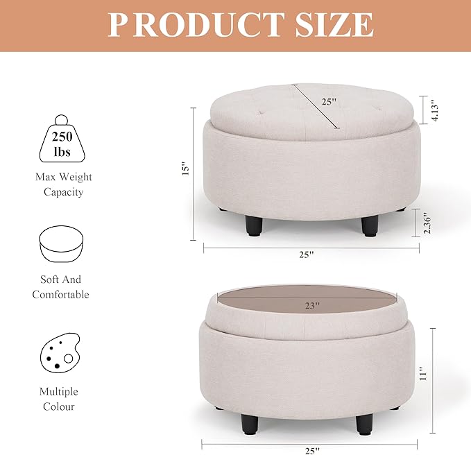 COLAMY Fabric Round Storage Ottoman with Reversible Tray Lid – Multi-Functional Footrest, Hidden Storage, Sturdy & Stylish Small Coffee Table for Living Room, Bedroom, or Entryway(Beige)-NeatNest