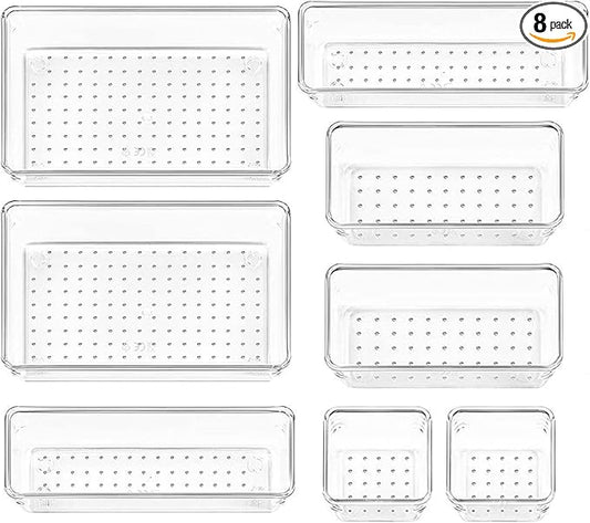 8 Pack Clear Drawer Organizer, 4 Sizes Organization and Storage Trays, Drawer Organizer Bins for Kitchen, Vanity, Bathroom, Office-NeatNest