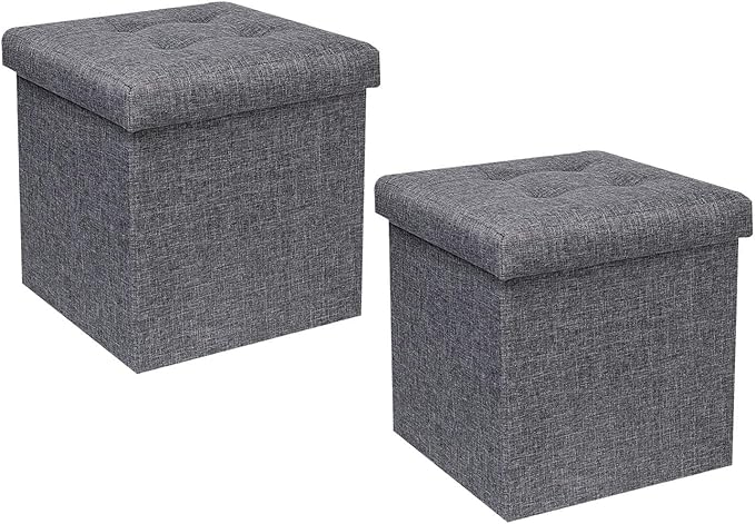 B FSOBEIIALEO Storage Ottoman Cube, Toy Chest Folding Foot Rest Seat, Linen Grey 12.6"X12.6"X12.6" (2 Pack)