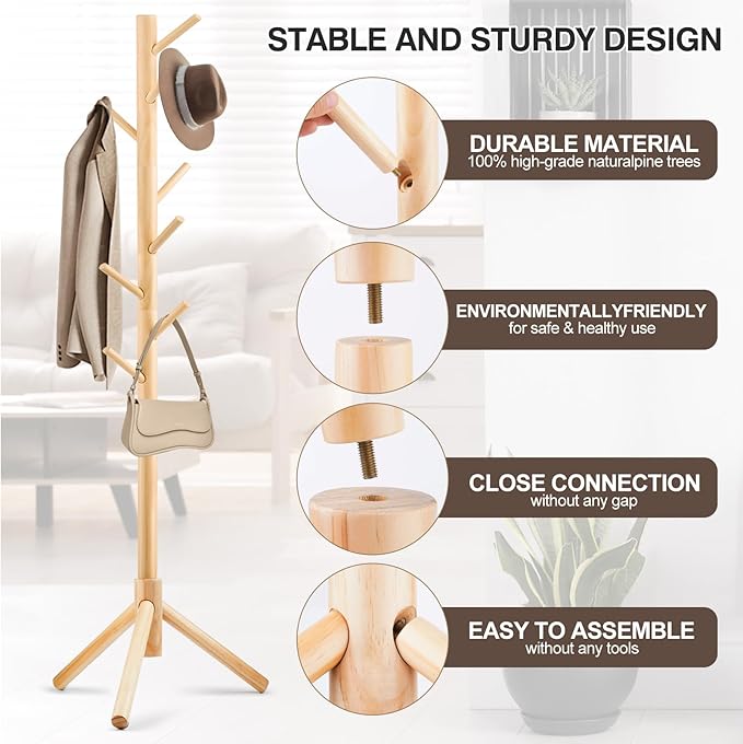 Coat Rack, Freestanding Coat Rack with 8 Hooks and 3 Adjustable Size Tree Coat Racks for Bedroom, Hallway, Entrance, Office, for Hats, Coats, Scarves, Handbags-NeatNest