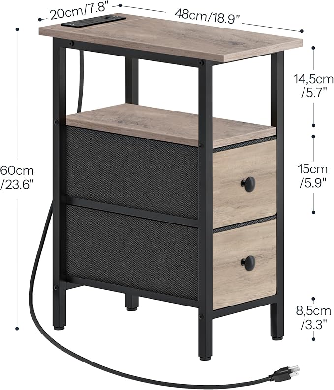 HOOBRO Narrow Side Table with LED Light and USB C Port, Night Stand with Charging Station, Skinny End Table with 2 Fabric Drawers, for Bedroom, Living Room, Greige and Black BG487UDBZ01