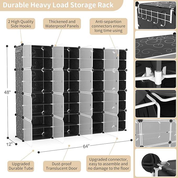 Portable Shoe Rack with Door, 64 Pairs Cabinet Easy Assembly, Plastic Adjustable Shoe Storage Organizer Stackable Detachable Free Standing DIY Expandable 8 Tier Black-NeatNest